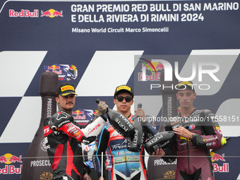 Winners on the podium Moto 2 Race Ogura Ai, Canet Aron, and Arbolino Tony during the Gran Premio Red Bull di San Marino e della Riviera di R...