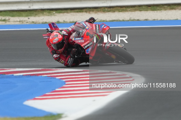 Francesco Bagnaia participates in the Gran Premio Red Bull di San Marino e della Riviera di Rimini Grand Prix Race MotoGP on Sunday at Misan...