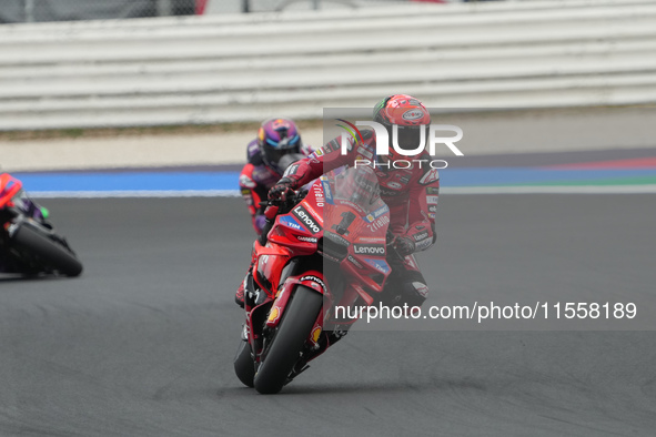 Francesco Bagnaia participates in the Gran Premio Red Bull di San Marino e della Riviera di Rimini Grand Prix Race MotoGP on Sunday at Misan...