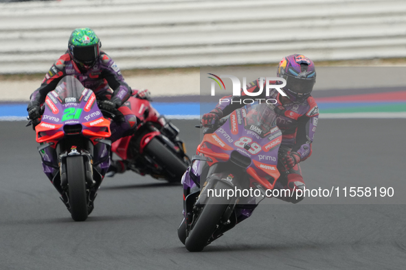 Jorge Martin and Franco Morbidelli participate in the Gran Premio Red Bull di San Marino e della Riviera di Rimini Grand Prix Race MotoGP on...