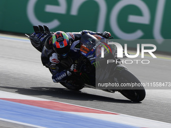 Alex Rins of Spain and Monster Energy Yamaha MotoGP rides on track during the Race of MotoGP of San Marino at Misano World Circuit in Misano...