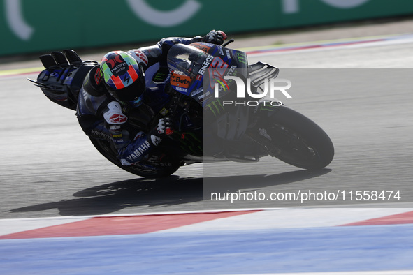 Alex Rins of Spain and Monster Energy Yamaha MotoGP rides on track during the Race of MotoGP of San Marino at Misano World Circuit in Misano...