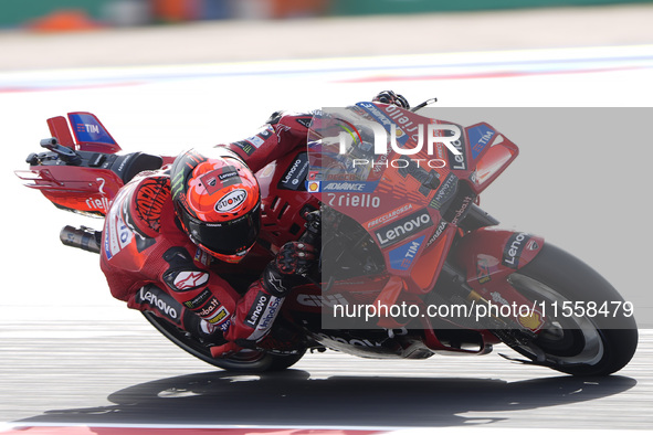 Francesco Bagnaia of Italy and Ducati Lenovo Team rides on track during the Race of MotoGP of San Marino at Misano World Circuit in Misano A...