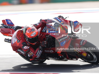 Francesco Bagnaia of Italy and Ducati Lenovo Team rides on track during the Race of MotoGP of San Marino at Misano World Circuit in Misano A...