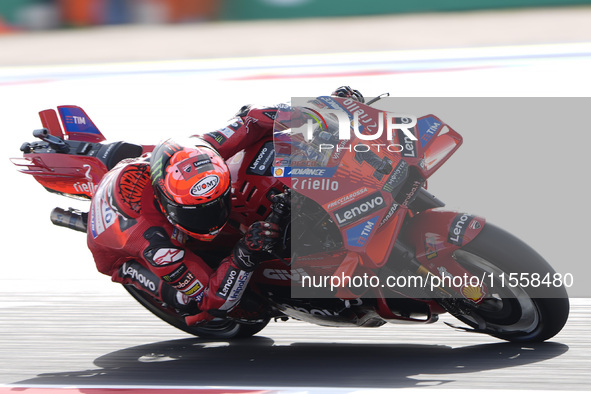 Francesco Bagnaia of Italy and Ducati Lenovo Team rides on track during the Race of MotoGP of San Marino at Misano World Circuit in Misano A...