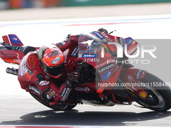 Francesco Bagnaia of Italy and Ducati Lenovo Team rides on track during the Race of MotoGP of San Marino at Misano World Circuit in Misano A...