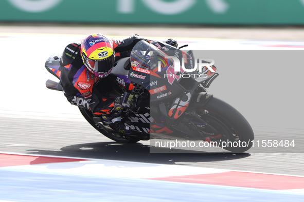 Aleix Espargaro of Spain and Aprilia Racing rides on track during the Race of MotoGP of San Marino at Misano World Circuit in Misano Adriati...