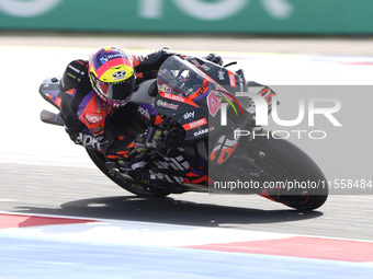 Aleix Espargaro of Spain and Aprilia Racing rides on track during the Race of MotoGP of San Marino at Misano World Circuit in Misano Adriati...