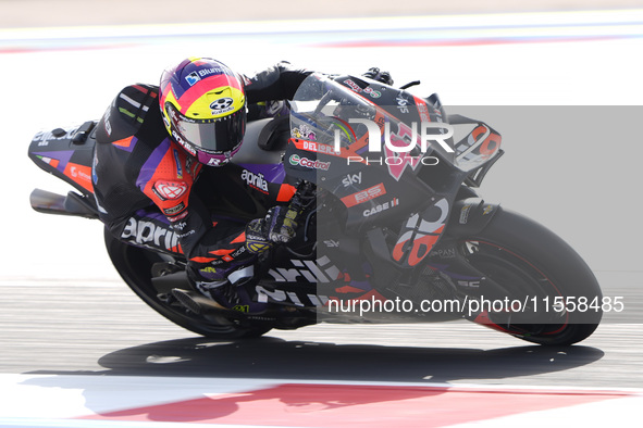 Aleix Espargaro of Spain and Aprilia Racing rides on track during the Race of MotoGP of San Marino at Misano World Circuit in Misano Adriati...