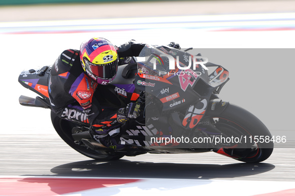 Aleix Espargaro of Spain and Aprilia Racing rides on track during the Race of MotoGP of San Marino at Misano World Circuit in Misano Adriati...