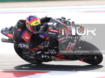 Aleix Espargaro of Spain and Aprilia Racing rides on track during the Race of MotoGP of San Marino at Misano World Circuit in Misano Adriati...