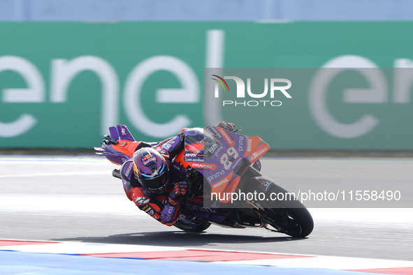 Jorge Martin of Spain and Prima Pramac Racing rides on track during the Race of MotoGP of San Marino at Misano World Circuit in Misano Adria...