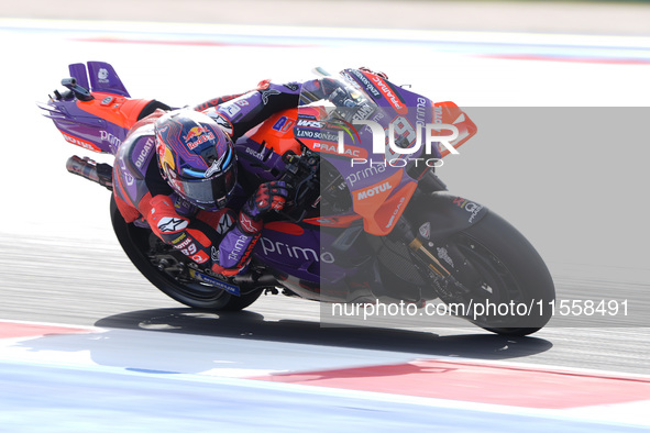 Jorge Martin of Spain and Prima Pramac Racing rides on track during the Race of MotoGP of San Marino at Misano World Circuit in Misano Adria...