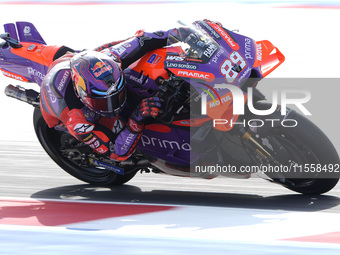 Jorge Martin of Spain and Prima Pramac Racing rides on track during the Race of MotoGP of San Marino at Misano World Circuit in Misano Adria...