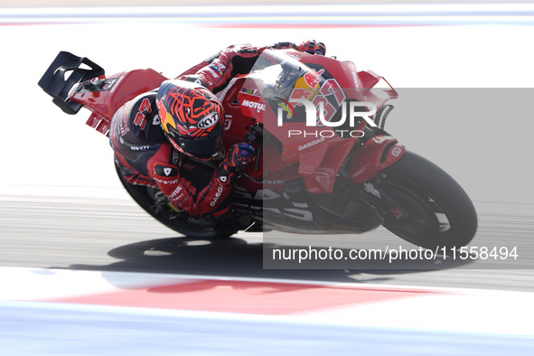 Augusto Fernandez of Spain and Red Bull GASGAS Tech3 rides on track during the Race of MotoGP of San Marino at Misano World Circuit in Misan...