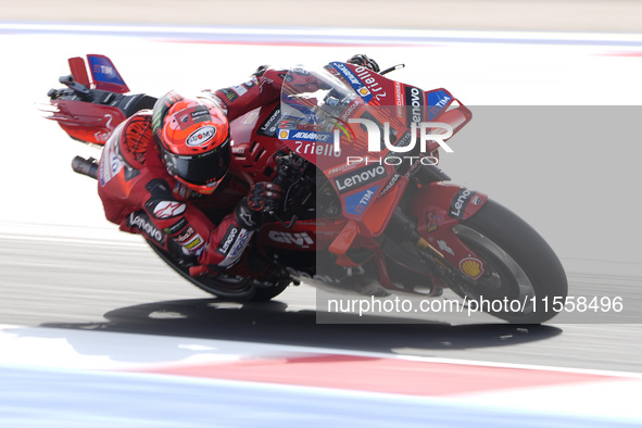 Francesco Bagnaia of Italy and Ducati Lenovo Team rides on track during the Race of MotoGP of San Marino at Misano World Circuit in Misano A...