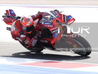 Francesco Bagnaia of Italy and Ducati Lenovo Team rides on track during the Race of MotoGP of San Marino at Misano World Circuit in Misano A...