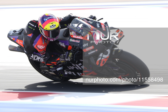 Aleix Espargaro of Spain and Aprilia Racing rides on track during the Race of MotoGP of San Marino at Misano World Circuit in Misano Adriati...