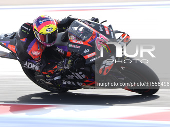 Aleix Espargaro of Spain and Aprilia Racing rides on track during the Race of MotoGP of San Marino at Misano World Circuit in Misano Adriati...