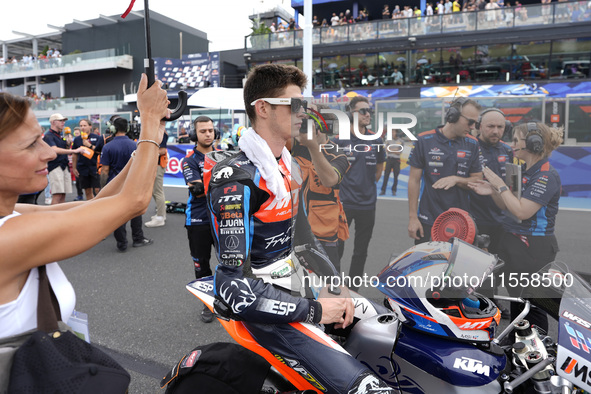 Ivan Ortola of Spain and MT Helmets - MSI looks on prior to the Moto3 Race of MotoGP of San Marino at Misano World Circuit in Misano Adriati...