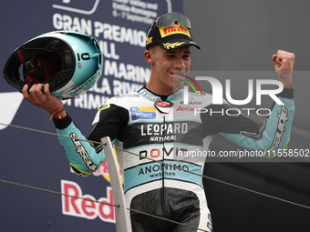 Angel Piqueras and Spain and Leopard Racing celebrate the victory of the Moto3 Race of MotoGP of San Marino at Misano World Circuit in Misan...