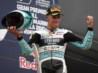 Angel Piqueras and Spain and Leopard Racing celebrate the victory of the Moto3 Race of MotoGP of San Marino at Misano World Circuit in Misan...