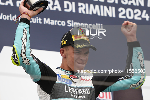 Angel Piqueras and Spain and Leopard Racing celebrate the victory of the Moto3 Race of MotoGP of San Marino at Misano World Circuit in Misan...