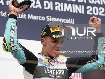 Angel Piqueras and Spain and Leopard Racing celebrate the victory of the Moto3 Race of MotoGP of San Marino at Misano World Circuit in Misan...