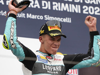 Angel Piqueras and Spain and Leopard Racing celebrate the victory of the Moto3 Race of MotoGP of San Marino at Misano World Circuit in Misan...