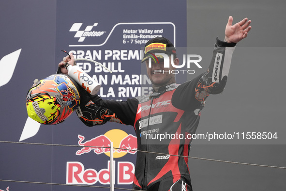 Aron Canet of Spain and Fantic Racing celebrate the second place in the Moto2 Race of MotoGP of San Marino at Misano World Circuit in Misano...