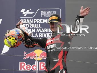 Aron Canet of Spain and Fantic Racing celebrate the second place in the Moto2 Race of MotoGP of San Marino at Misano World Circuit in Misano...