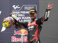 Aron Canet of Spain and Fantic Racing celebrate the second place in the Moto2 Race of MotoGP of San Marino at Misano World Circuit in Misano...