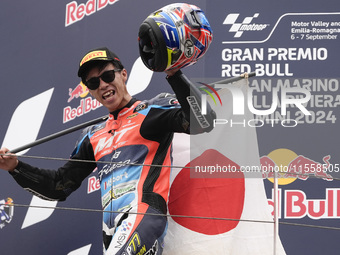 Ai Ogura of Japan and MT Helmets - MSI celebrate the victory of the Moto2 Race of MotoGP of San Marino at Misano World Circuit in Misano Adr...