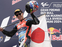 Ai Ogura of Japan and MT Helmets - MSI celebrate the victory of the Moto2 Race of MotoGP of San Marino at Misano World Circuit in Misano Adr...