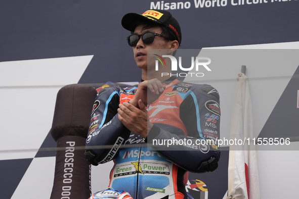 Ai Ogura of Japan and MT Helmets - MSI celebrate the victory of the Moto2 Race of MotoGP of San Marino at Misano World Circuit in Misano Adr...