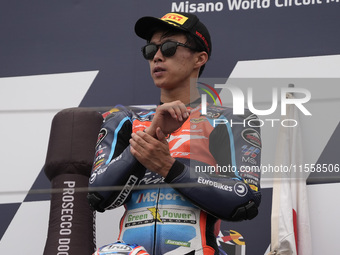 Ai Ogura of Japan and MT Helmets - MSI celebrate the victory of the Moto2 Race of MotoGP of San Marino at Misano World Circuit in Misano Adr...