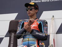 Ai Ogura of Japan and MT Helmets - MSI celebrate the victory of the Moto2 Race of MotoGP of San Marino at Misano World Circuit in Misano Adr...