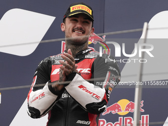 Aron Canet of Spain and Fantic Racing celebrate the second place in the Moto2 Race of MotoGP of San Marino at Misano World Circuit in Misano...