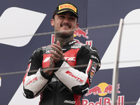 Aron Canet of Spain and Fantic Racing celebrate the second place in the Moto2 Race of MotoGP of San Marino at Misano World Circuit in Misano...