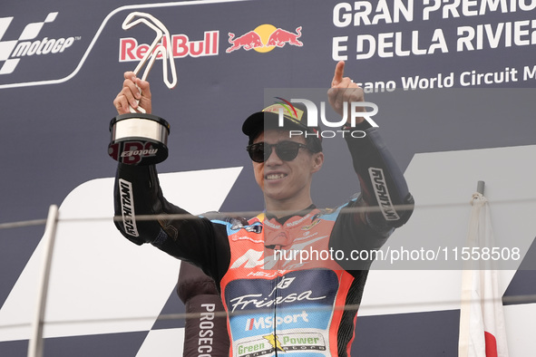 Ai Ogura of Japan and MT Helmets - MSI celebrate the victory of the Moto2 Race of MotoGP of San Marino at Misano World Circuit in Misano Adr...