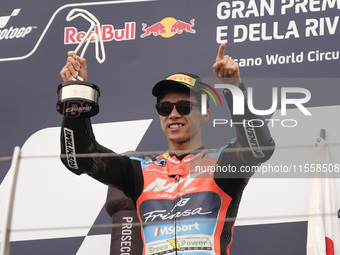 Ai Ogura of Japan and MT Helmets - MSI celebrate the victory of the Moto2 Race of MotoGP of San Marino at Misano World Circuit in Misano Adr...