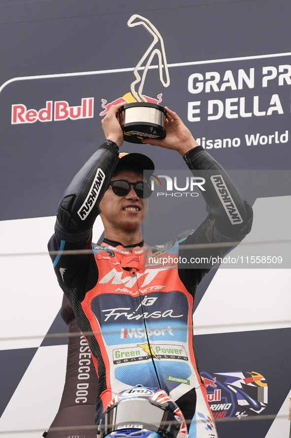 Ai Ogura of Japan and MT Helmets - MSI celebrate the victory of the Moto2 Race of MotoGP of San Marino at Misano World Circuit in Misano Adr...