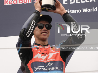 Ai Ogura of Japan and MT Helmets - MSI celebrate the victory of the Moto2 Race of MotoGP of San Marino at Misano World Circuit in Misano Adr...