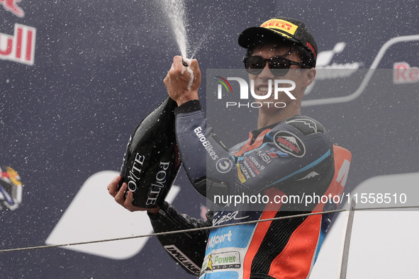 Ai Ogura of Japan and MT Helmets - MSI celebrate the victory of the Moto2 Race of MotoGP of San Marino at Misano World Circuit in Misano Adr...