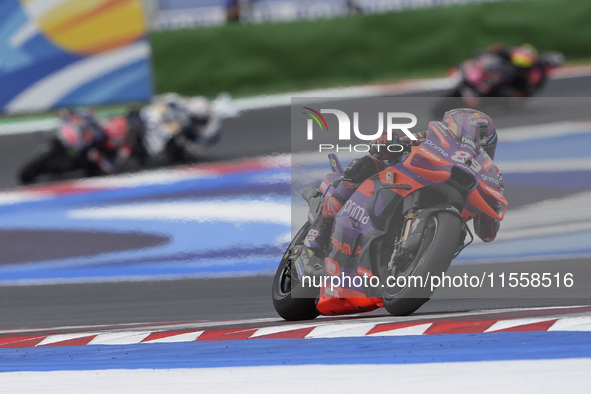 Jorge Martin of Spain and Prima Pramac Racing rides on track during the Race of MotoGP of San Marino at Misano World Circuit in Misano Adria...