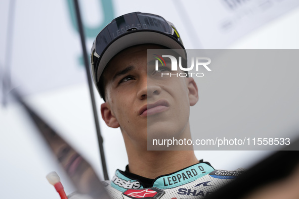 Angel Piqueras and Leopard Racing from Spain look on before the Moto3 Race of MotoGP of San Marino at Misano World Circuit in Misano Adriati...