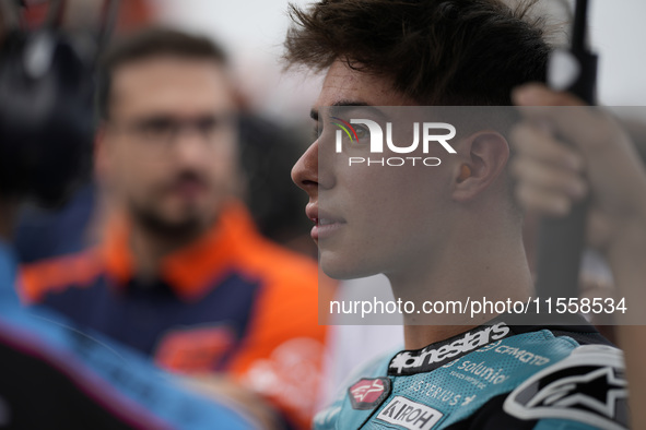 Angel Piqueras and Leopard Racing from Spain look on before the Moto3 Race of MotoGP of San Marino at Misano World Circuit in Misano Adriati...