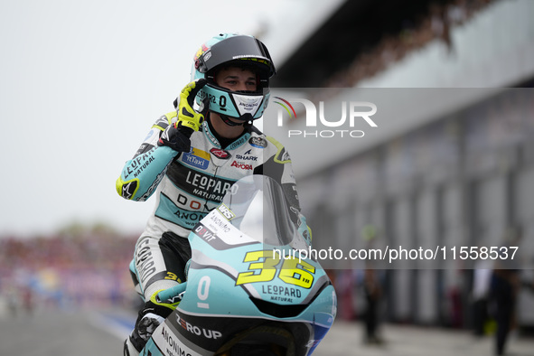 Angel Piqueras and Spain and Leopard Racing celebrate the victory of the Moto3 Race of MotoGP of San Marino at Misano World Circuit in Misan...