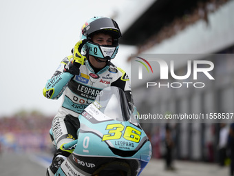 Angel Piqueras and Spain and Leopard Racing celebrate the victory of the Moto3 Race of MotoGP of San Marino at Misano World Circuit in Misan...