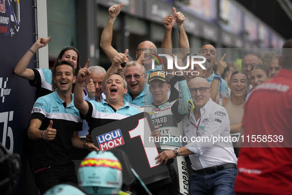 Angel Piqueras and Spain and Leopard Racing celebrate the victory of the Moto3 Race of MotoGP of San Marino at Misano World Circuit in Misan...